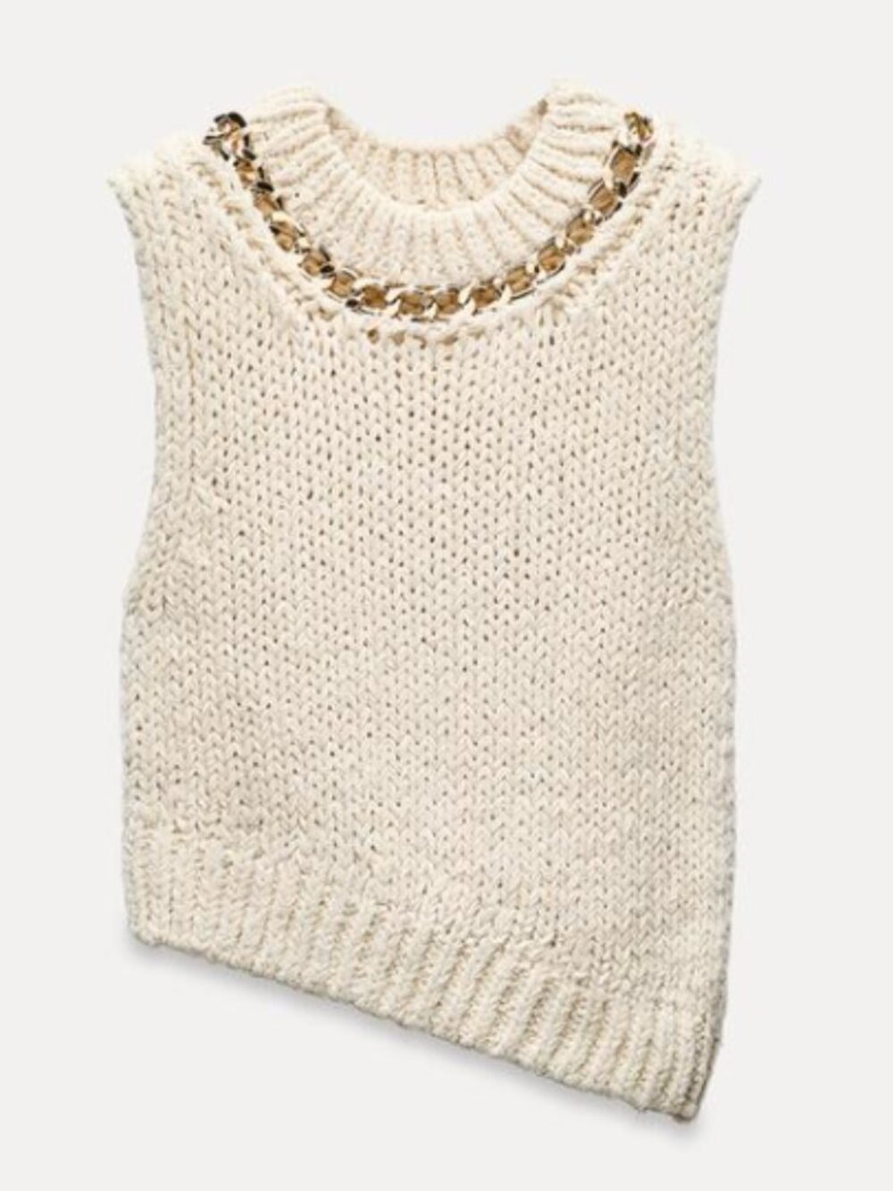 Zara Asymmetric Hem Knit Top with Gold Chain — Ecru | Size S | Never Worn